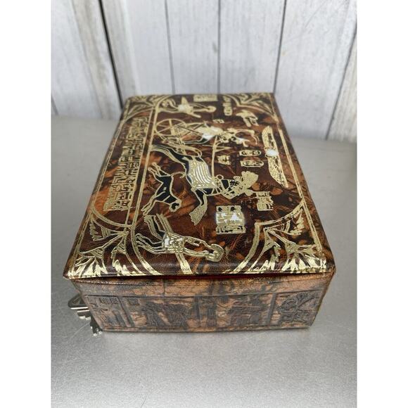 VTG Egyptian Camel Leather Lock Jewelry Box Osiris King Tut Hieroglyphic Gold - Picture 2 of 11